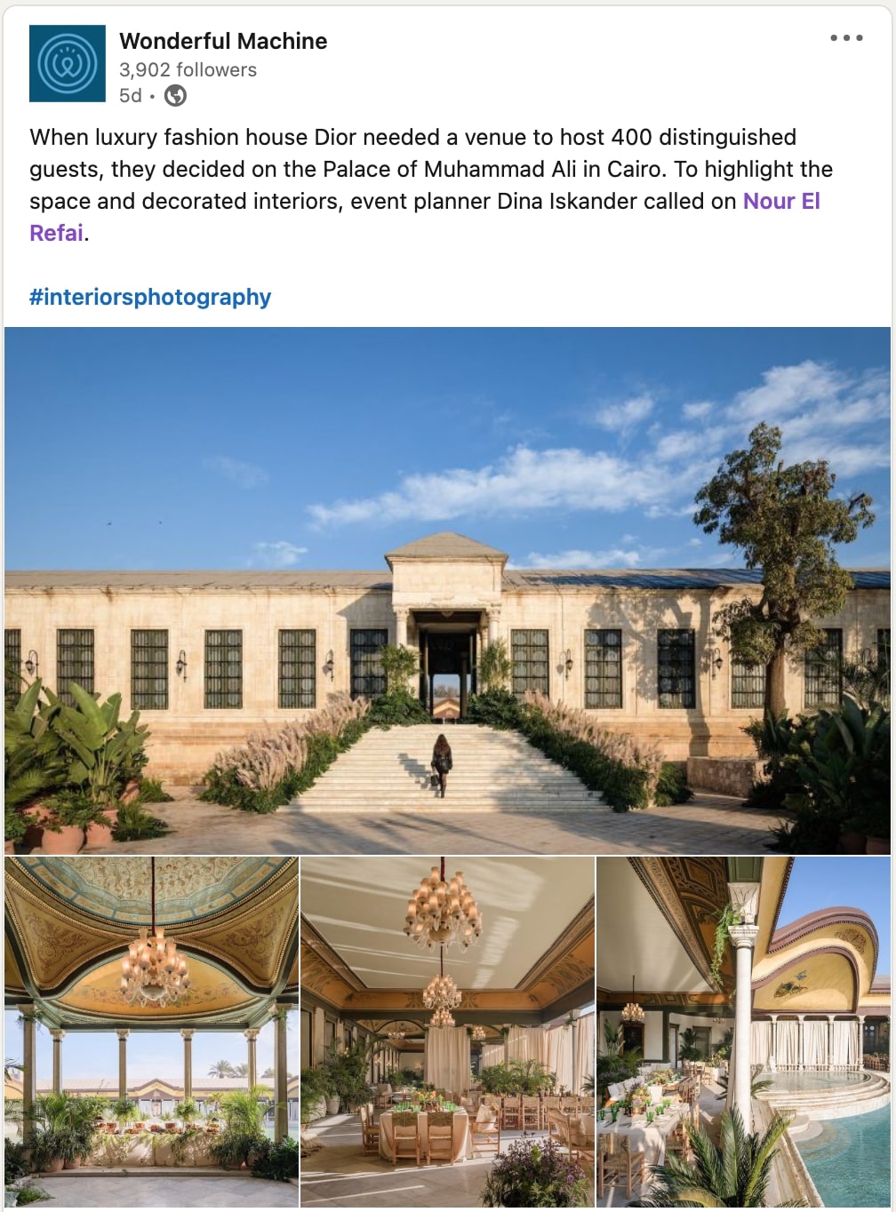 Screenshot of a LinkedIn post featuring Nour El Refai's work for Dior at the Palace of Muhammad Ali on social media in November 2023. 