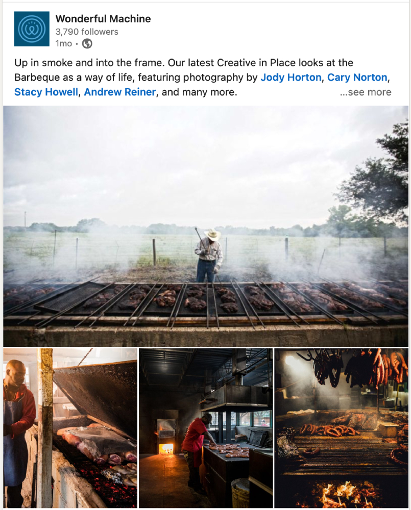 Screenshot of a Wonderful Machine LinkedIn post sharing the Creative in Place email promotion of Barbeque lifestyle photos.