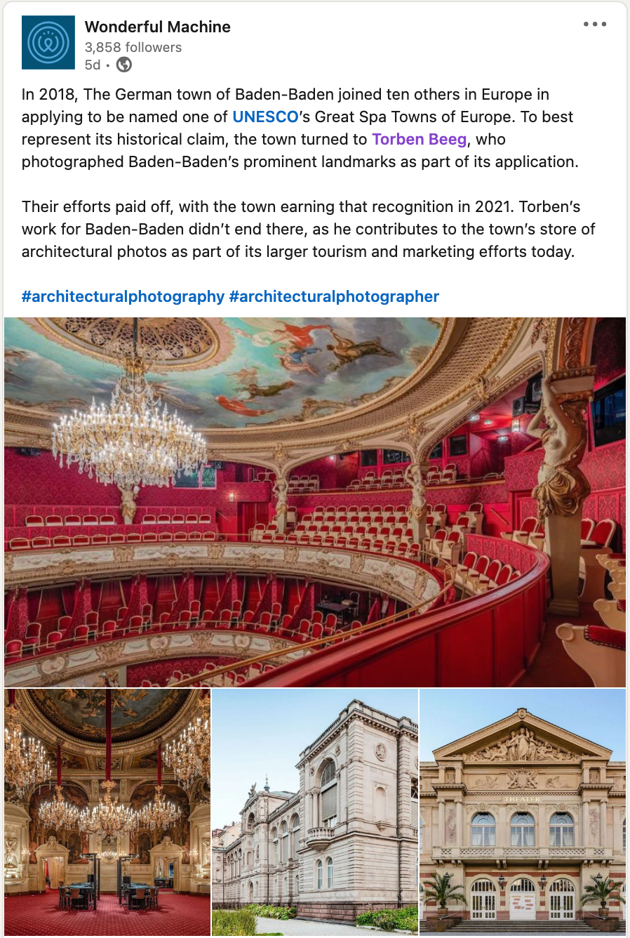 Screenshot of a LinkedIn post featuring Torben Beeg's architectural photography in Baden-Baden for UNESCO's Great Spa Towns of Europe application. 