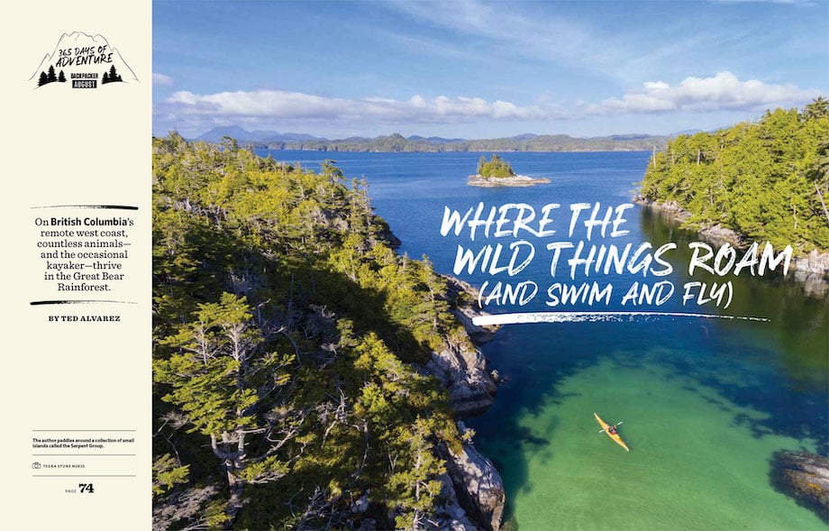 A screenshot of an article on Backpaper Magazine's website. It show's and aerial image of a kayak navigating between two tree-filled islands in British Colombia's clear waters.