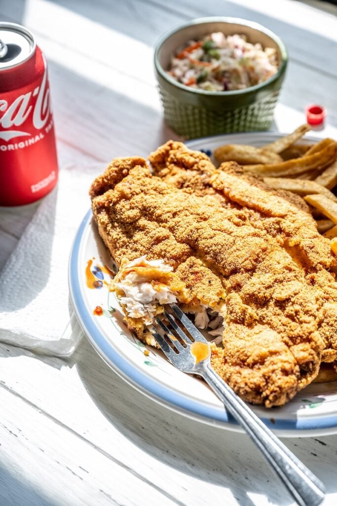 Fried chicken on a plate with fries, shot by Stephanie Mullins.