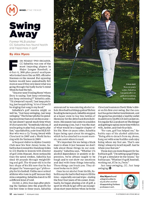 Tearsheet of CC Sabathia playing golf for Golf Digest shot by Steve Boyle.