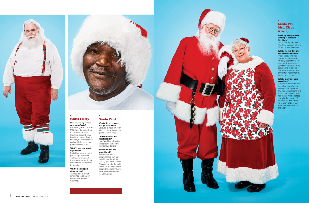 Photo spread by Stevie Chris of people dressed as Santa Claus.
