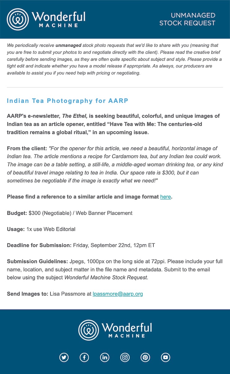 image of the unmanaged stock request for AARP's e-newsletter seeking images of colorful, and unique images of Indian tea