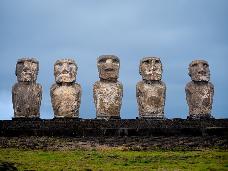 Five moai statues photographed by Susan Seubert.