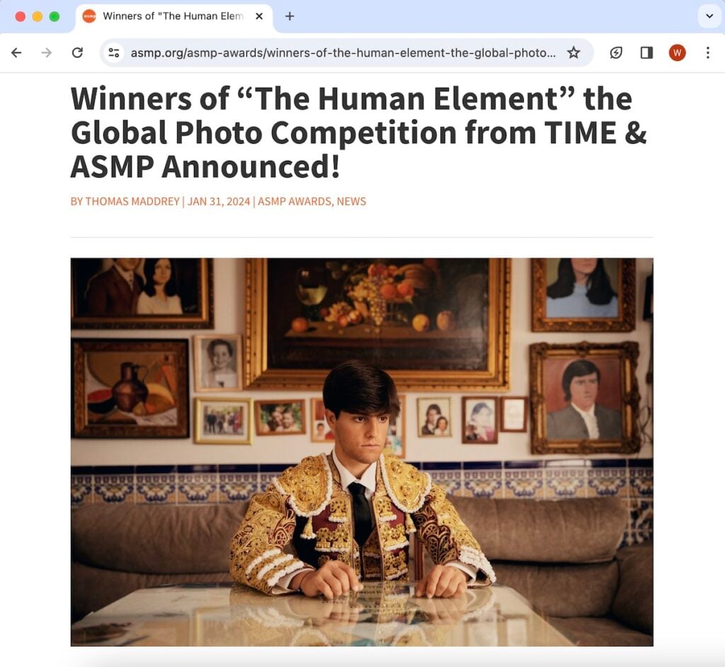 Screenshot of ASMP's landing page announcing winners for TIME & ASMP Photo Contest: The Human Element, A Global Photographic Portraiture Competition.