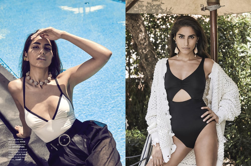 Side-by-side tear-sheet photos by Valentina Frugiuele of a woman modeling summer styles by a pool.