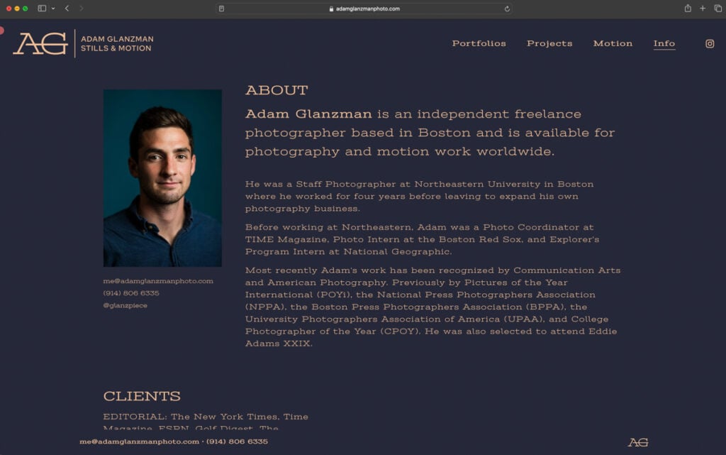 A screenshot of the "Info" page from Adam Glanzman's new website. 