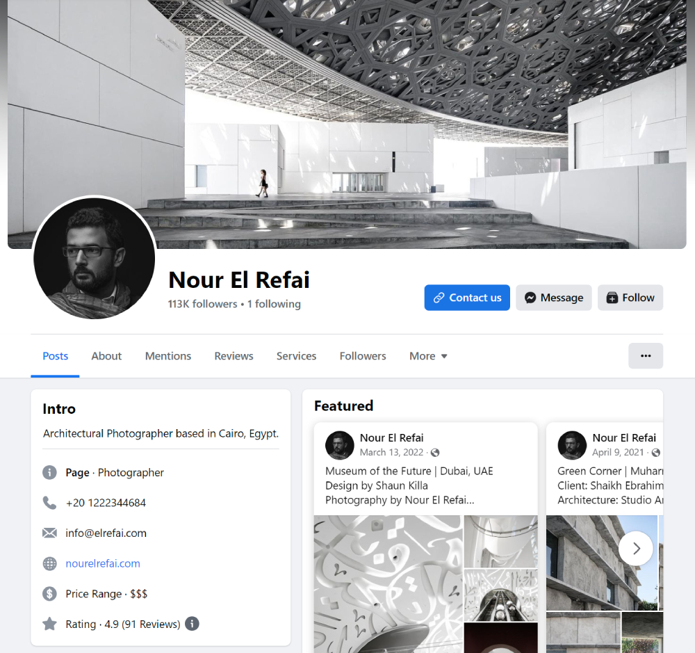 Egypt-based Architecture photographer Nour El Refai's Facebook page. 