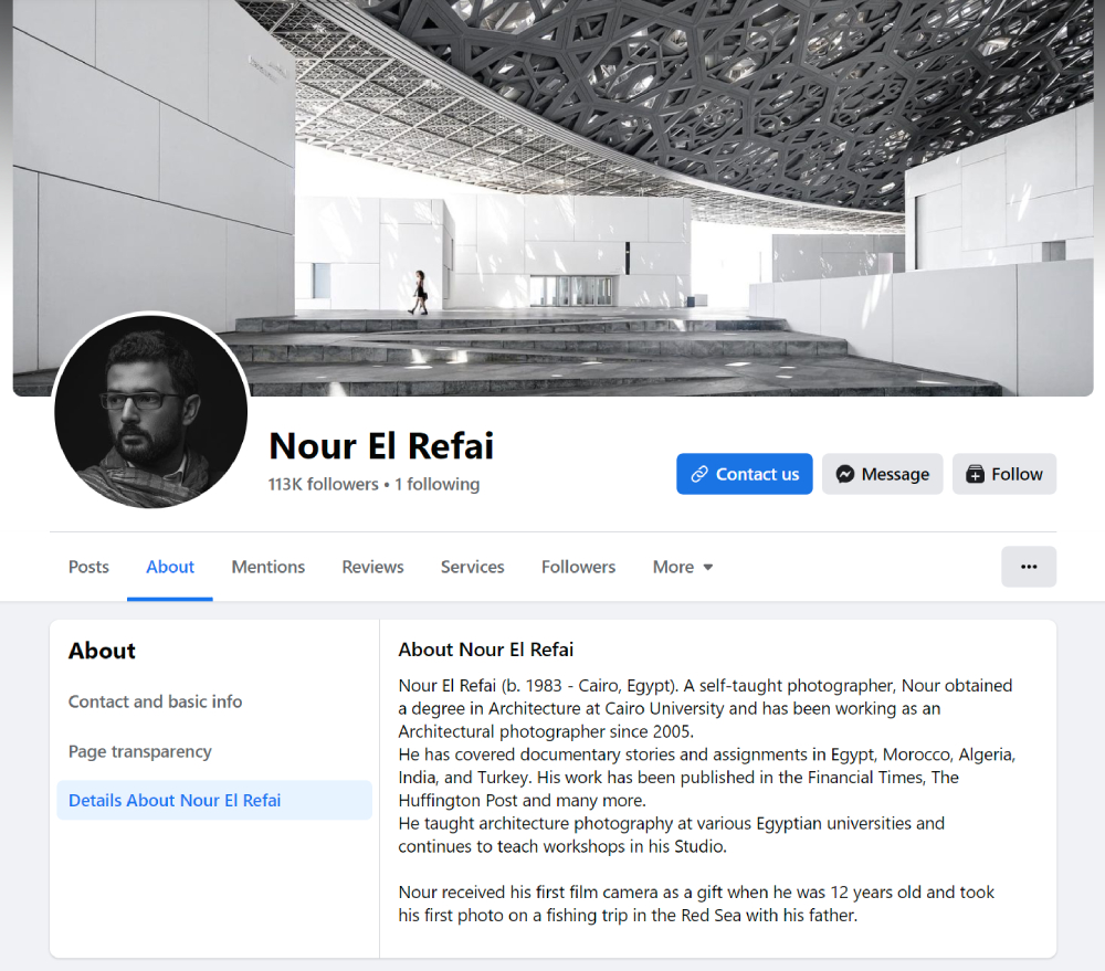 Egypt-based Architecture photographer Nour El Refai's About Section on his Facebook page. 