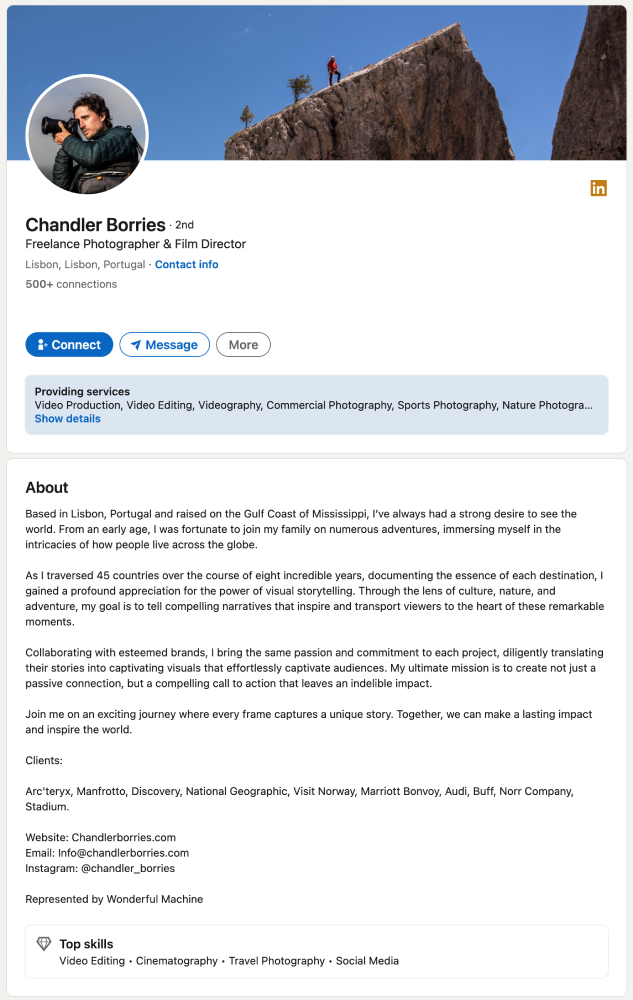Screenshot of Lisbon-based photographer Chandler Borries' LinkedIn Bio. 