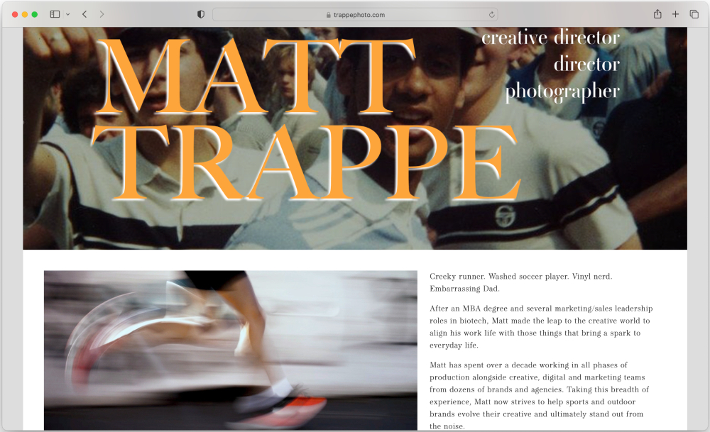 Screenshot of Denver-based Matt Trappe's professional photographer bio on his website. 