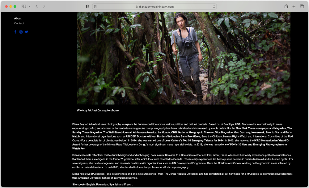 Photojournalist Diana Zeyneb Alhindawi's medium-length bio on her website. 